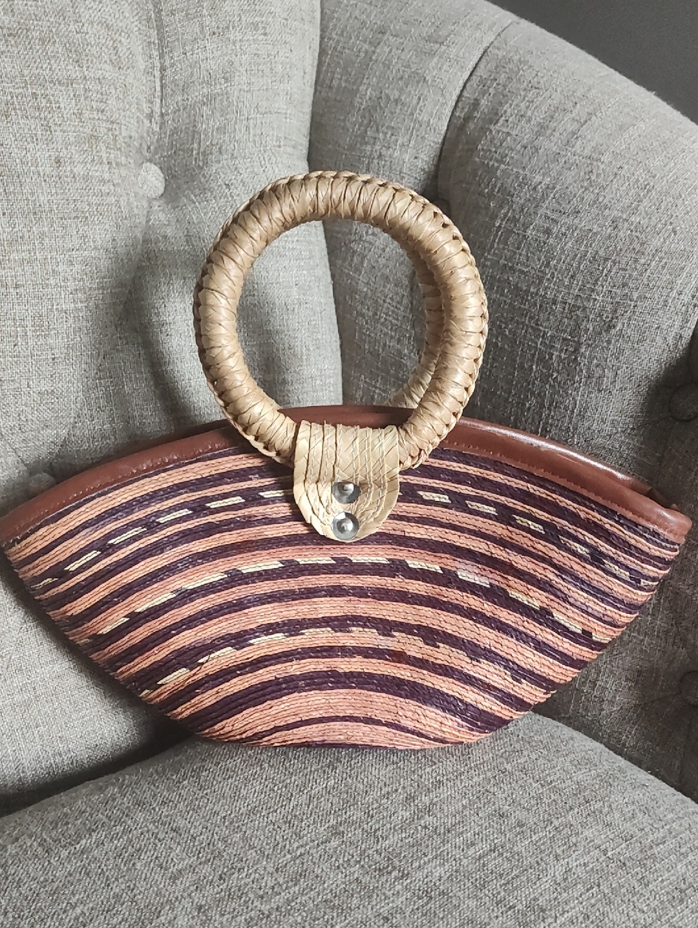 Beautiful Woven Mini Bag in Purple, Peach and Tan With Leather Look Trim